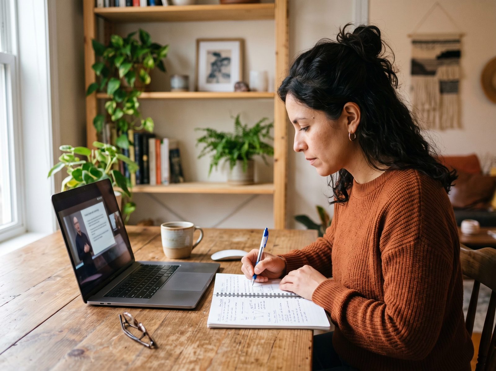 A Reachers tax school student following a video class and taking notes at home