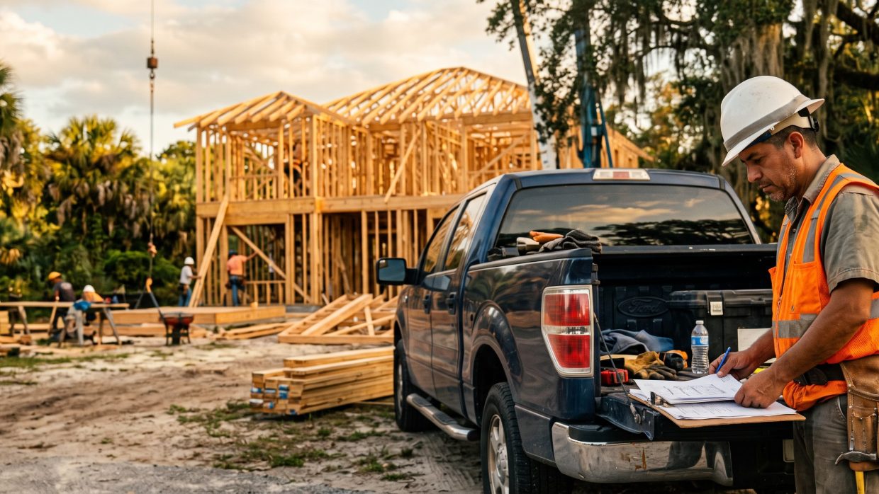 Contratista de construcción revisando papeles en su camioneta frente a una casa en obra en Florida