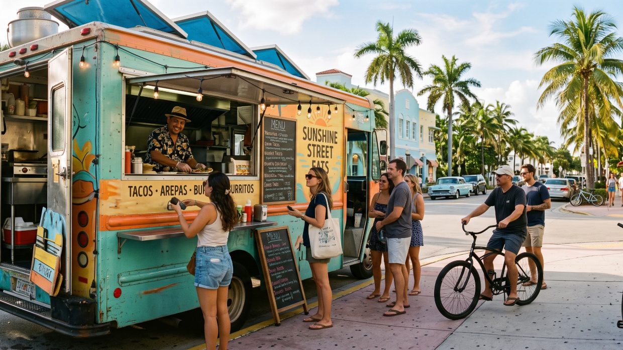 Food truck atendiendo una fila de clientes en una calle de Florida