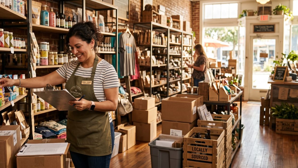 Dueña de una tienda de productos revisando su inventario en Florida