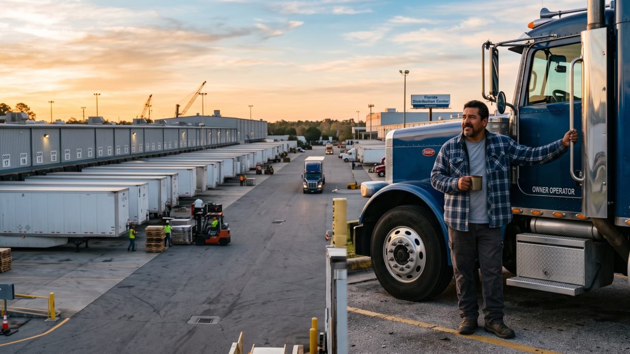 Owner operator junto a su camión en un centro de distribución de Florida al amanecer